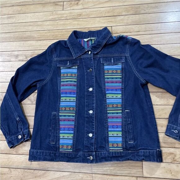 TANTRUMS Jean Jacket Women M Rainbow Boho Floral Tribal Aztec Western Blue Denim - Picture 15 of 16